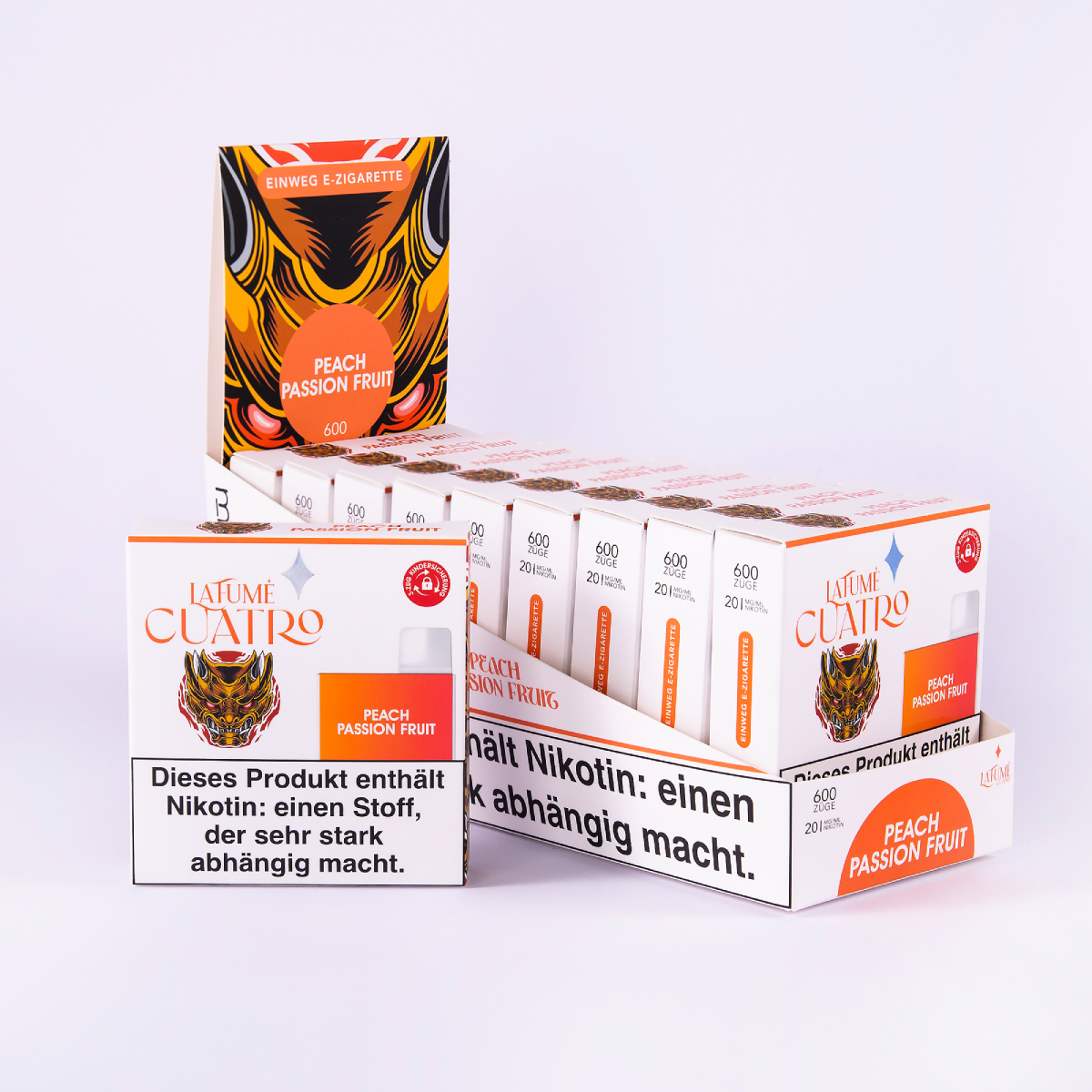 La Fume Cuatro Peach Passion Fruit Nikotin Einweg E-Zigarette Vape Aroma 600 Züge 10er Pack